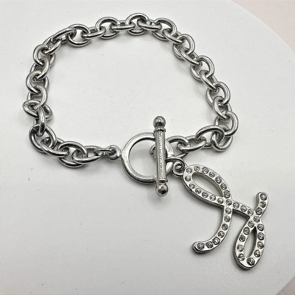 Vintage 90s Silver Tone Bracelet Script Initial Charm Glass Accents Jewelry